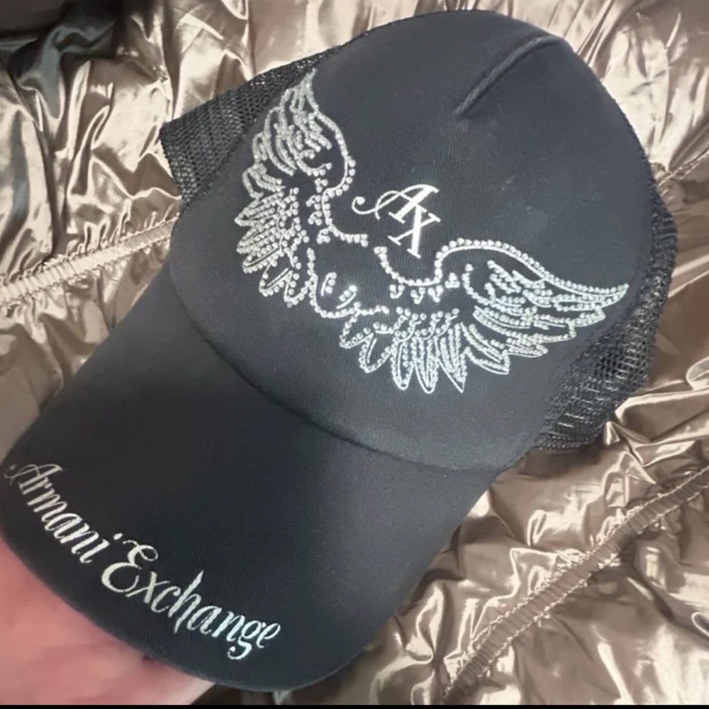 Armani Exchange Black Cap with Silver Rhinestone Wing Detail
